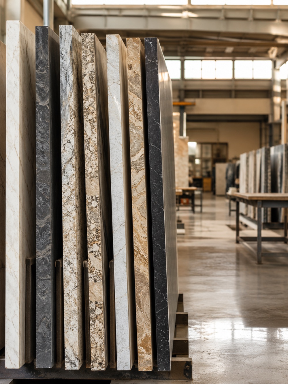 Granite and quartzite slabs racked in the King of Stones fabrication shop in Napoleon, Ohio