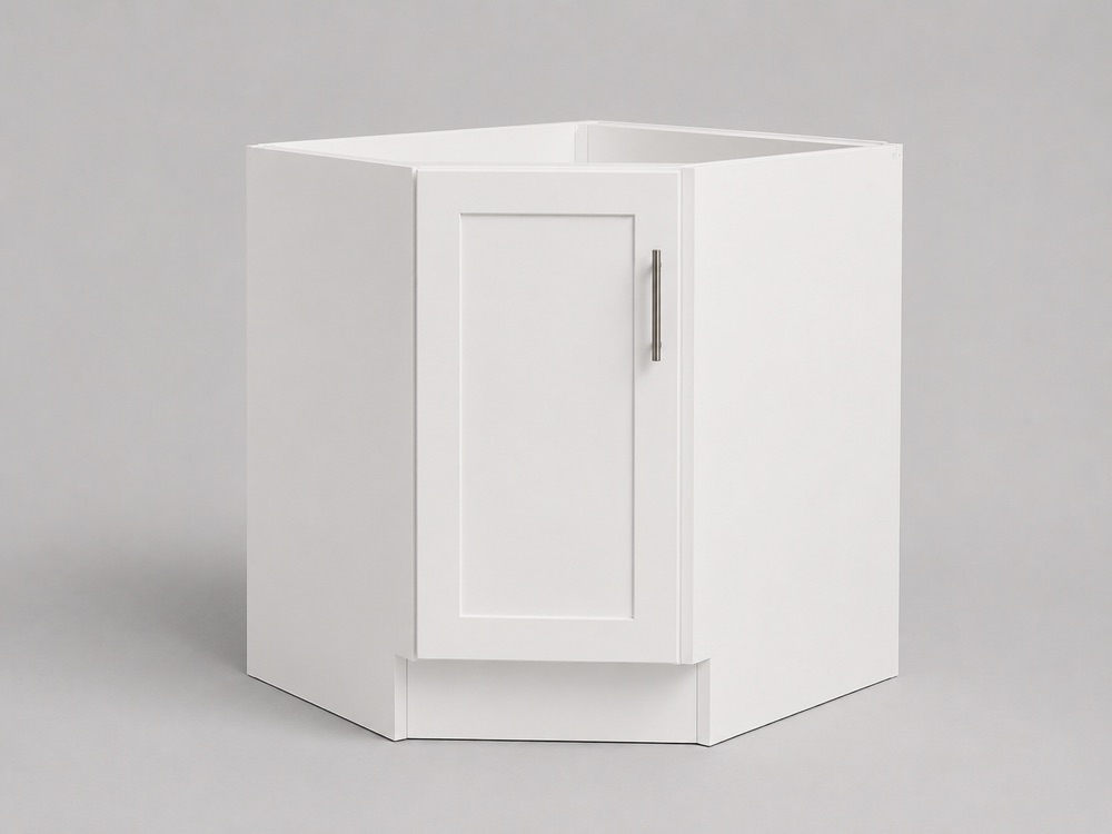 White shaker corner cabinet at the turn of a kitchen run