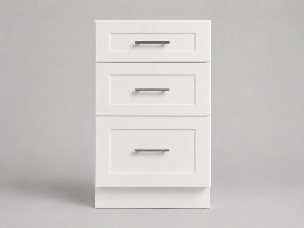 White shaker drawer base cabinet with a stack of three drawers