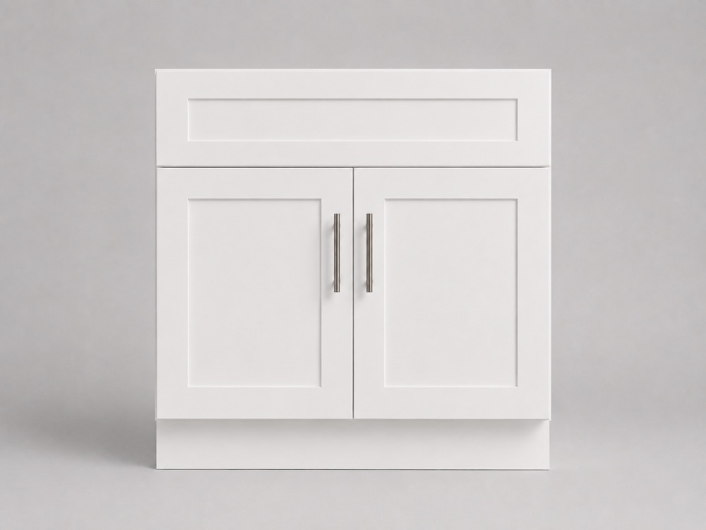 White shaker sink base cabinet with double doors and a false drawer front