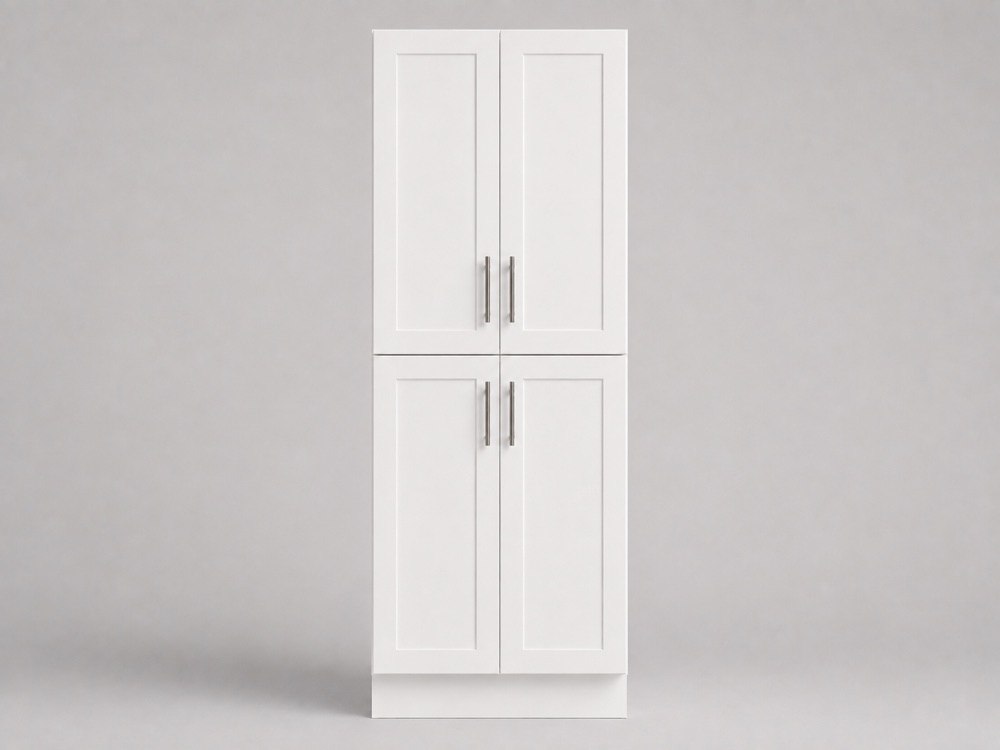 Tall white shaker pantry cabinet running floor to ceiling