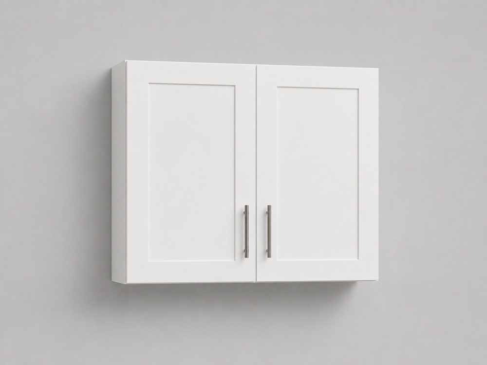 White shaker wall cabinets mounted above a kitchen counter