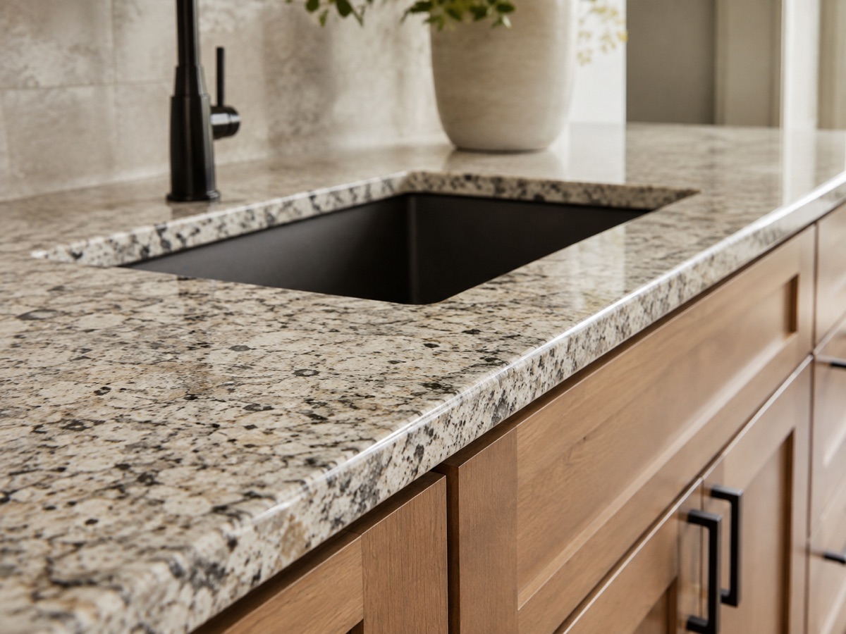 Granite kitchen countertops with an undermount sink and polished eased edge