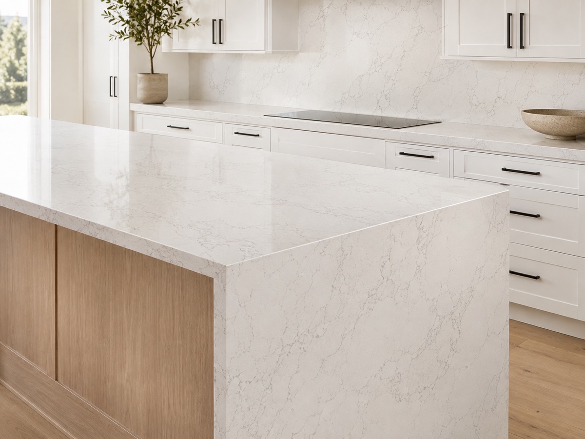 White quartz kitchen island and matching perimeter countertops