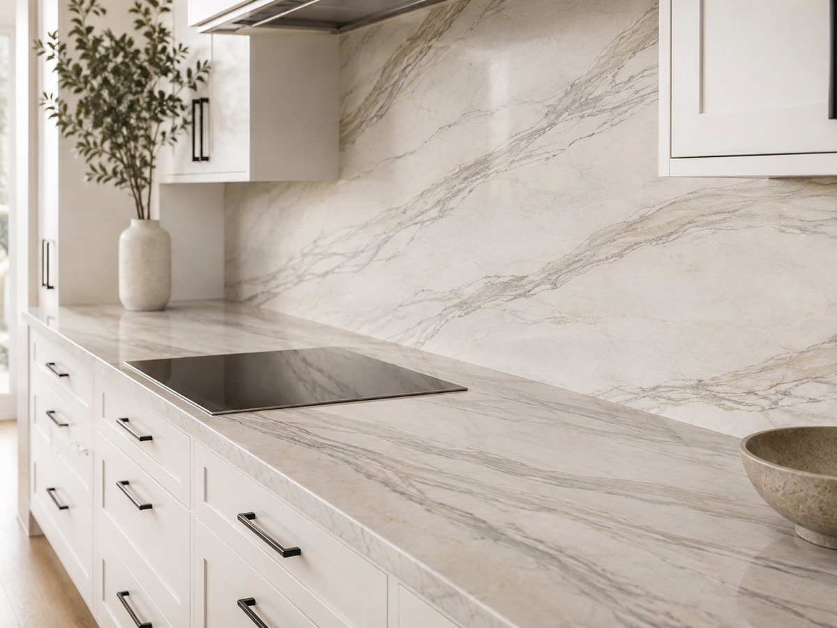 Quartzite kitchen countertop with veining continued onto the backsplash