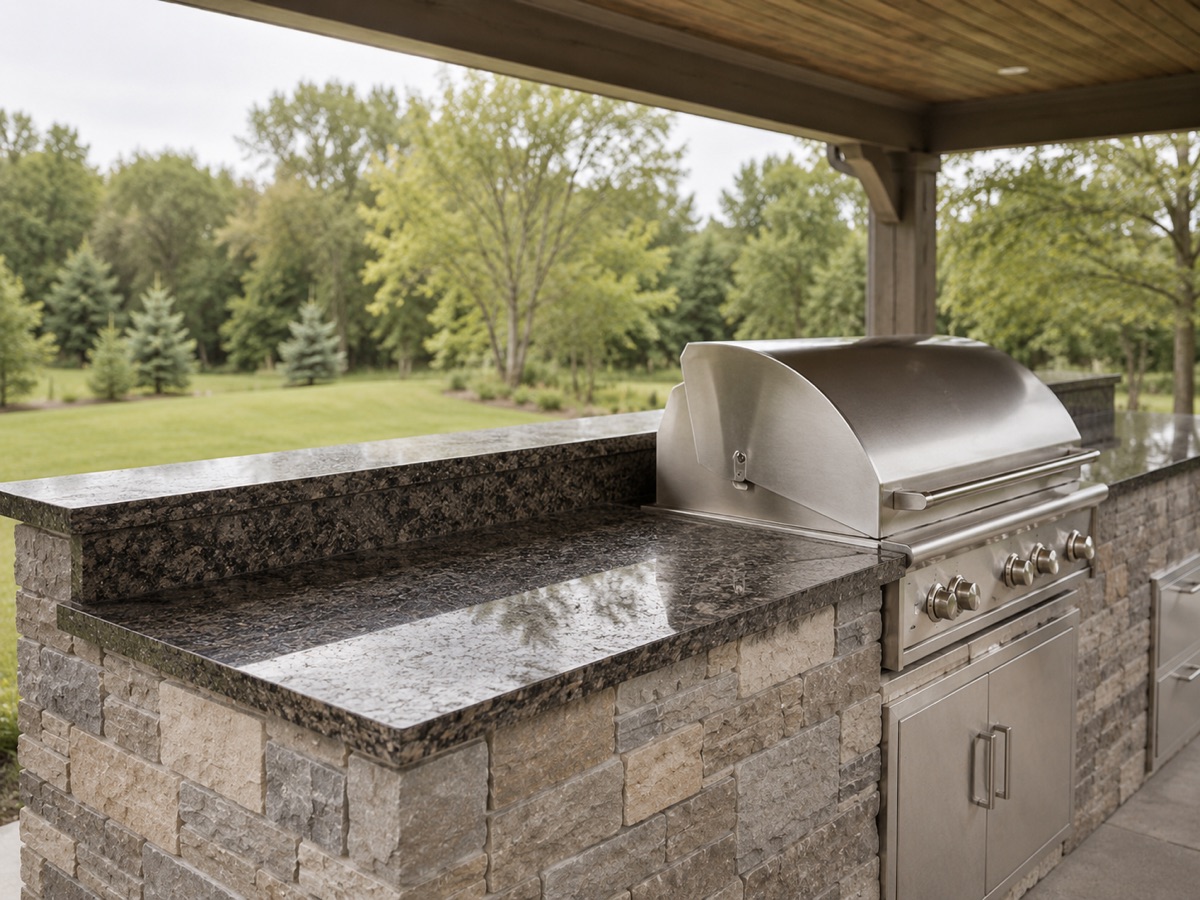 Outdoor kitchen with a granite countertop and a built-in grill cutout