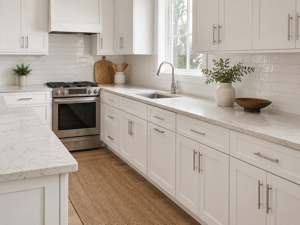 Kitchen with white shaker cabinets and a light stone countertop