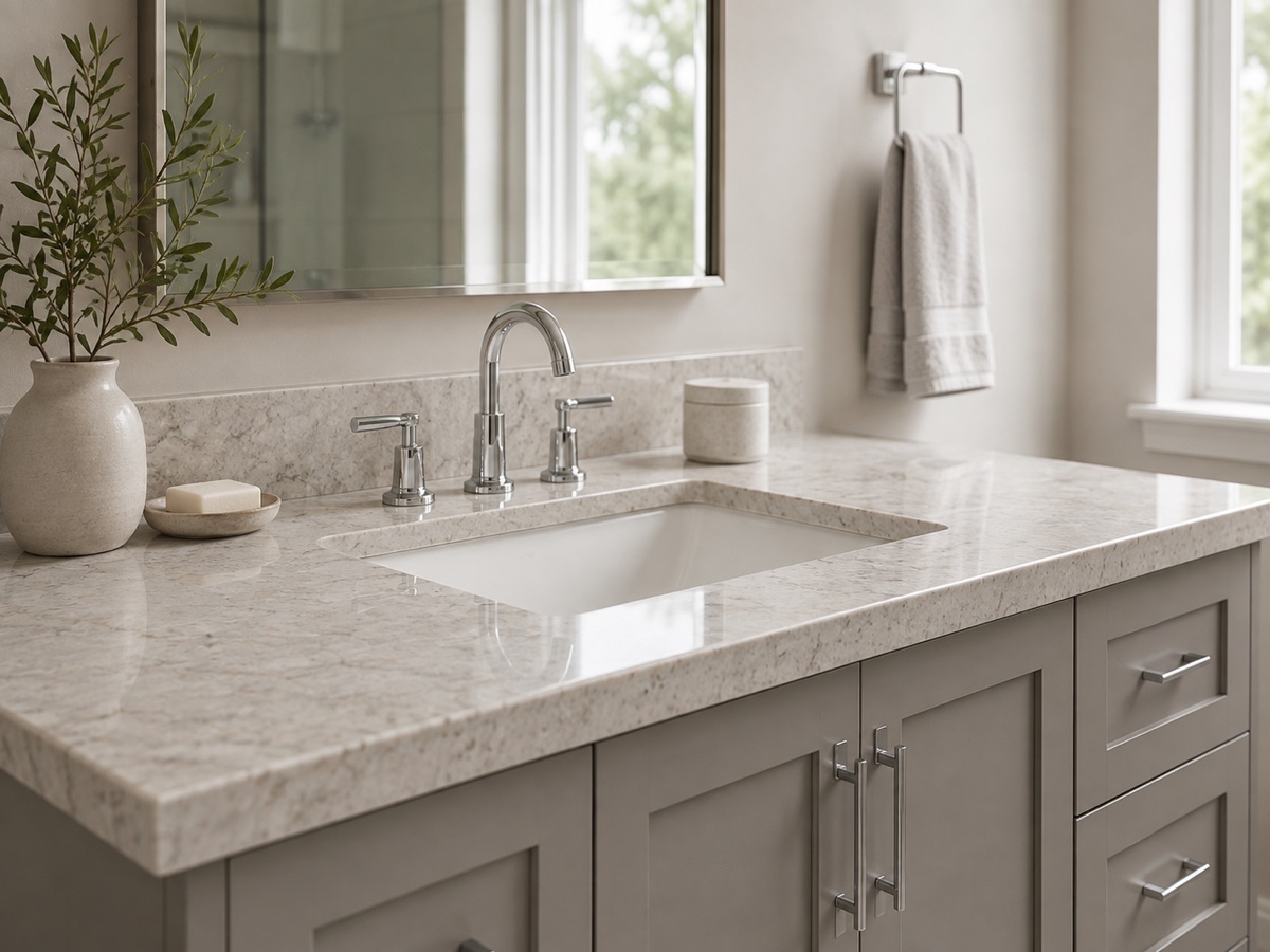Bathroom vanity with a polished stone countertop and undermount sink