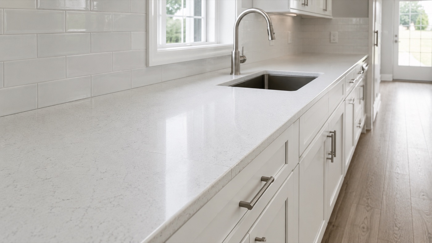 Newly installed white quartz kitchen countertop with a level seam and polished edge