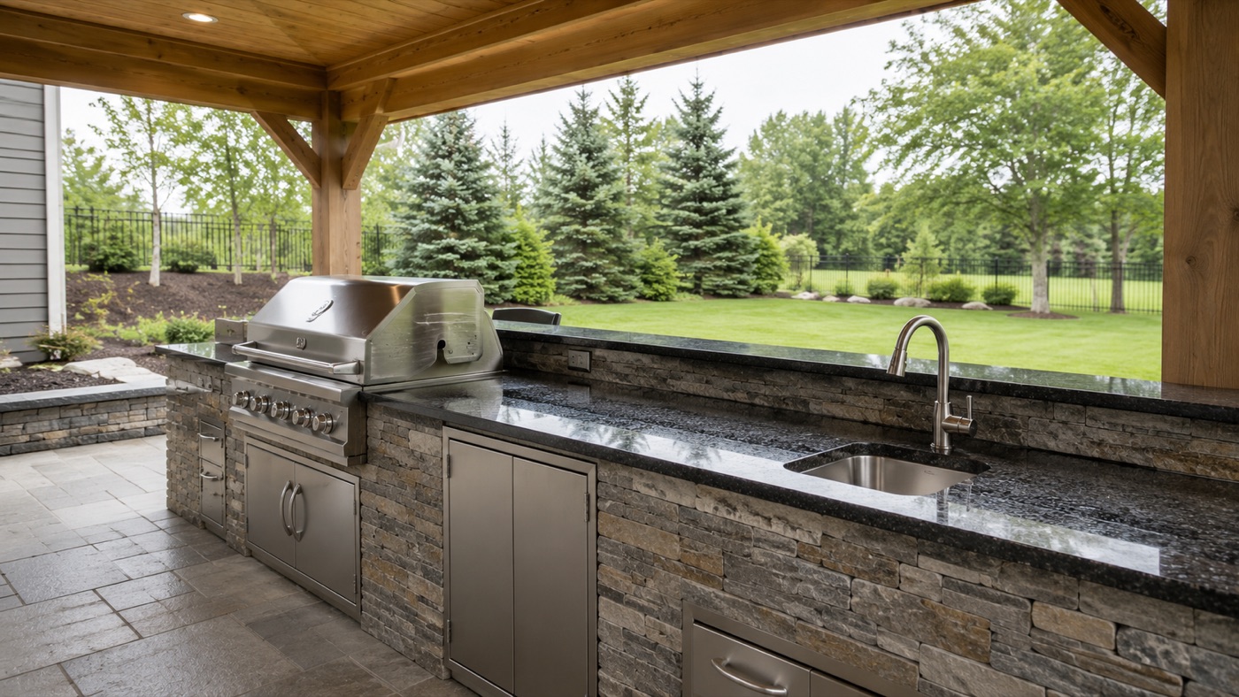 Granite countertop on a covered outdoor kitchen with a built-in grill