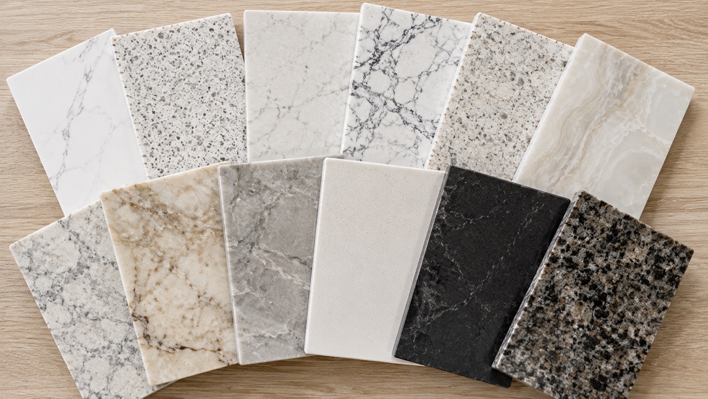 Granite, quartz and quartzite countertop samples arranged for selection