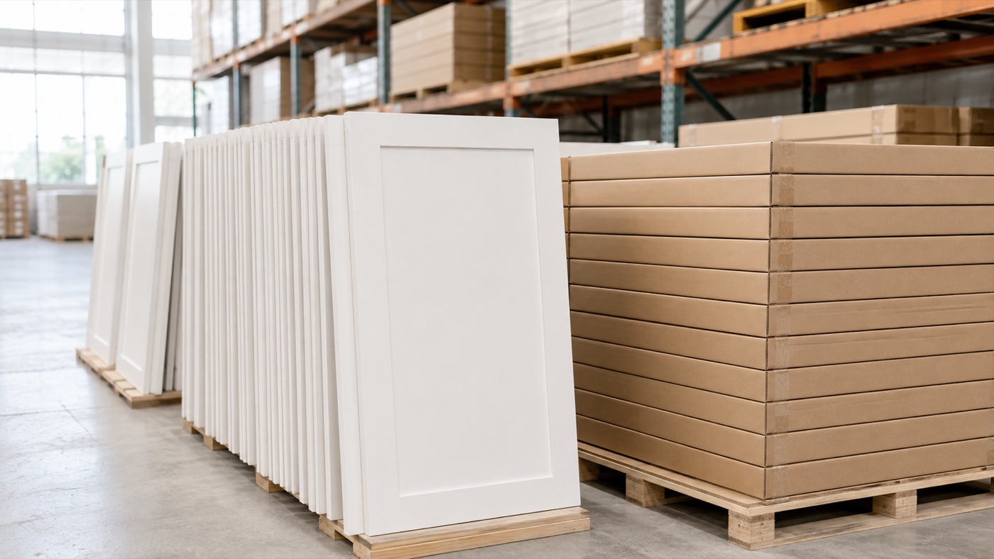 White shaker cabinet doors beside boxed ready-to-assemble cabinet stock